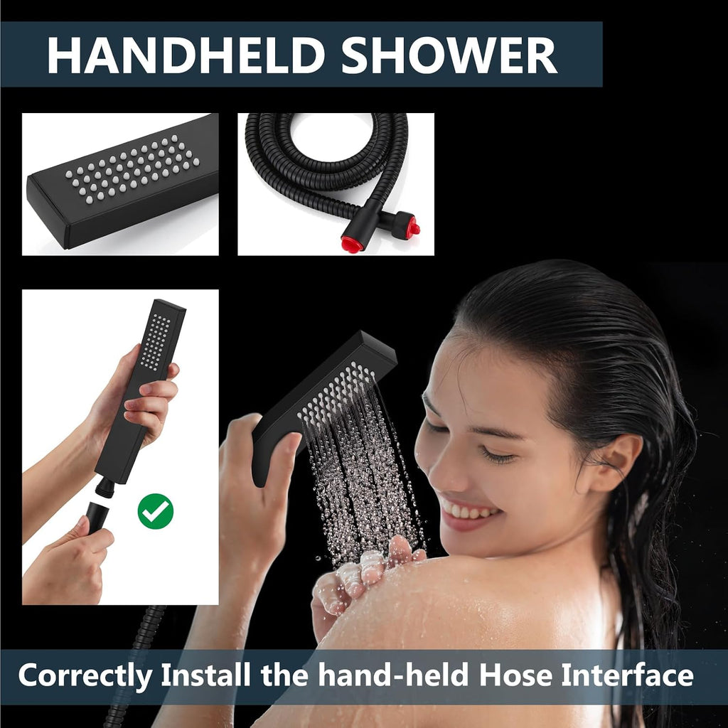 Aolemi Ceiling Mount Shower Faucet Set with Handheld Spray High Pressure Shower Faucets Sets Complete Rough-in Valve and Shower Trim Kit System Included Rainfall Matte Black 16 Inch LED Shower Head