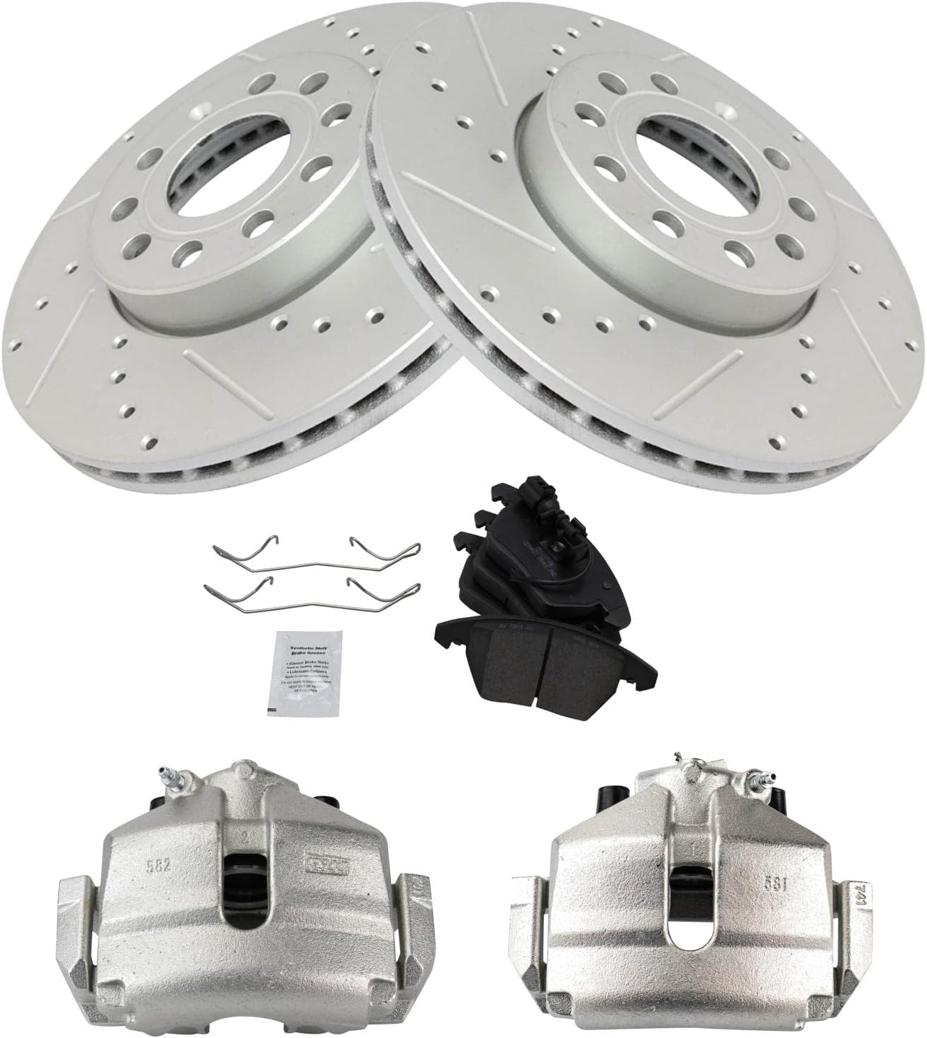 TRQ Performance Front Brake Pad and Rotor Set Ceramic Drilled Coated Rotors Calipers Compatible with 2005 Volkswagen Jetta 06-09 Rabbit 2010 Audi A3 10-14 Golf 10-15 Jetta 12-19 Beetle 2013 GTI