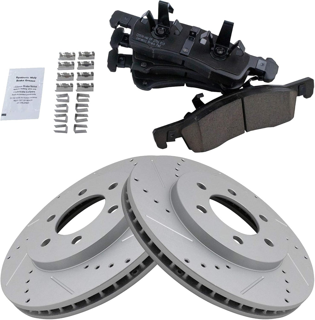 TRQ Performance Front Brake Pad and Rotor Set Ceramic G Coated Drilled Slotted Vented Rotors Compatible with 2003-2006 Ford Expedition Lincoln Navigator