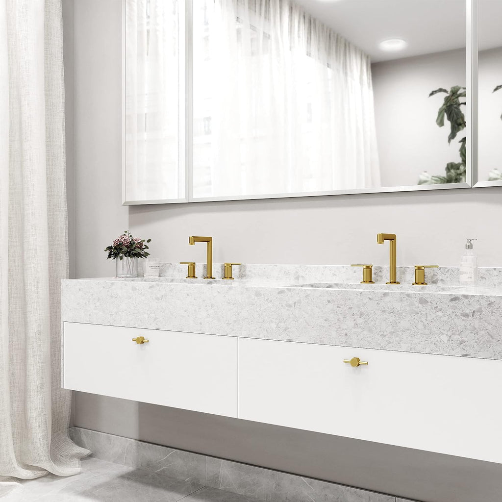 VIGO Sterling Two-Handle Three-Hole Mount Widespread Bathroom Sink Faucet, 7-Inch, Matte Brushed Gold, Modern Design, Solid Brass, 1.2 GPM WaterSense & Ceramic Disc Valve, Corrosion-Resistant
