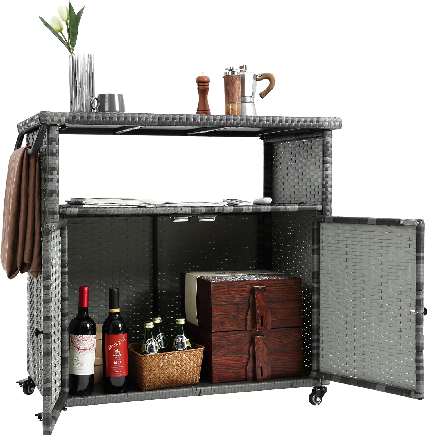 Outdoor Wicker Bar Cart with Wheels, Outdoor Rolling Kitchen Island Grill Cart with Storage Cabinet, Outside Portable Bar Table for Events, Patio, Porch, Backyard, Garden, Poolside, Aqua Grey