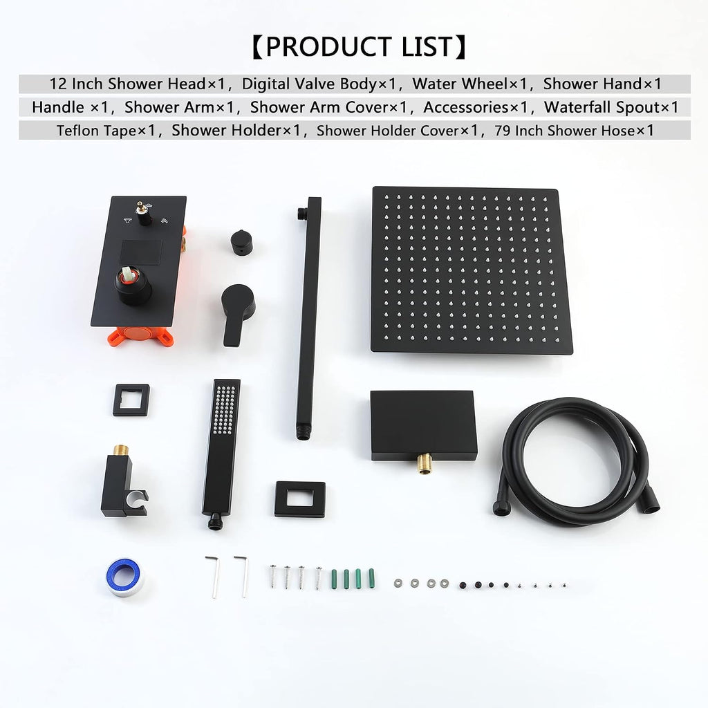 SKOWLL Shower System with Tub Spout Bathroom Tub and Shower Faucet Combo Wall Mount 12 Inch Black Shower Head and Handle Set, Display Shower Valve Kit Rough-in Valve and Trim Included
