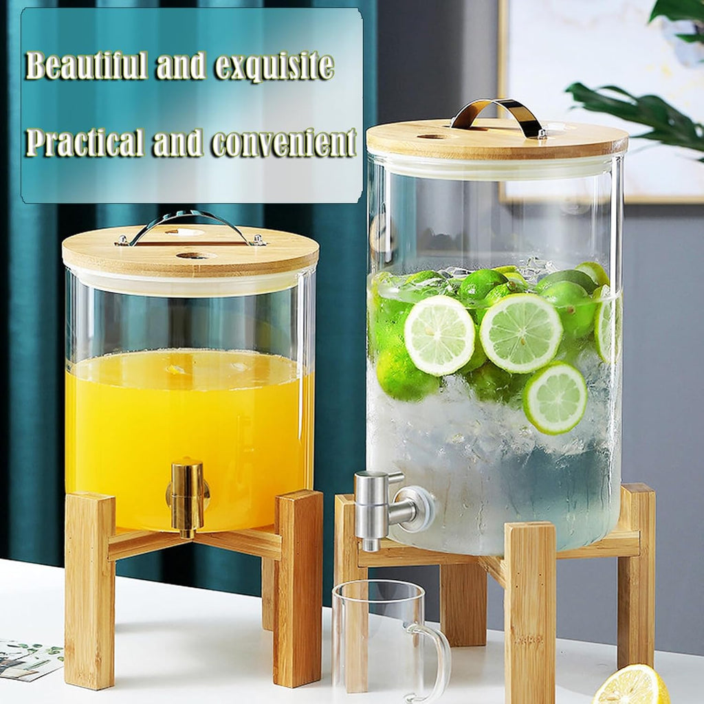 Glass Drink Dispenser,Drinkware with Stand and Lid,Cold Water Pitcher,Juice Pitcher for Parties,Bars,Weddings,Homemade Juices,Picnics,Barbecues and Daily,Silver(Gold Faucet + Bracket 5L)