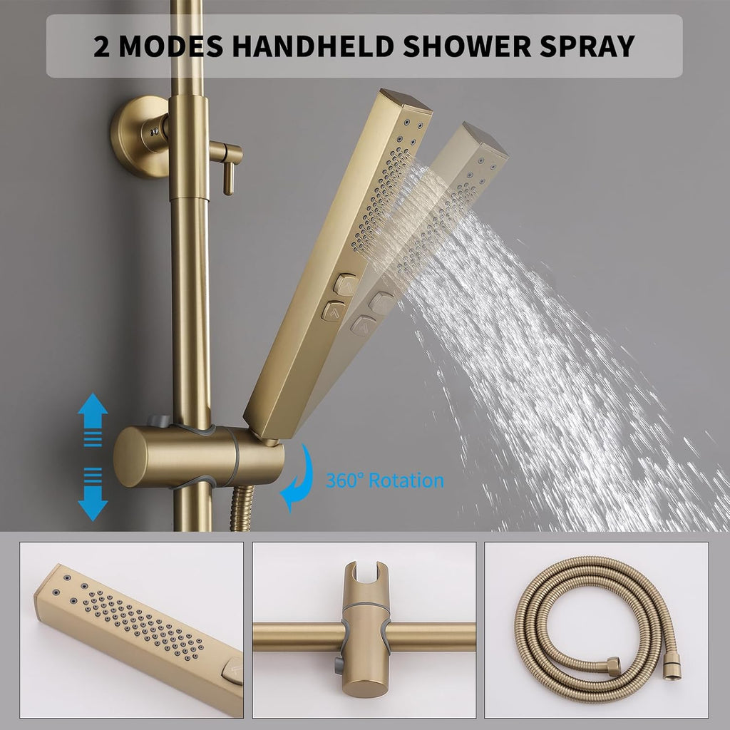 Exposed Shower System 10' Brushed Gold Rainfall Shower Head with 2 Modes Handheld and Tub Faucet Set, Square Shower Head 3 Functions Outdoor Shower Fixtures with Brass Valve, Height Adjustable