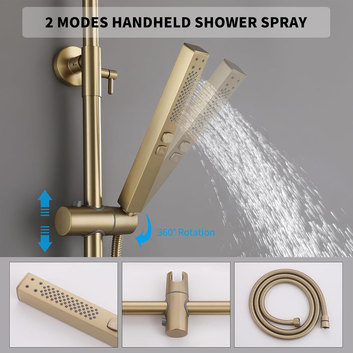 Exposed Shower System 10' Brushed Gold Rainfall Shower Head with 2 Modes Handheld and Tub Faucet Set, Square Shower Head 3 Functions Outdoor Shower Fixtures with Brass Valve, Height Adjustable