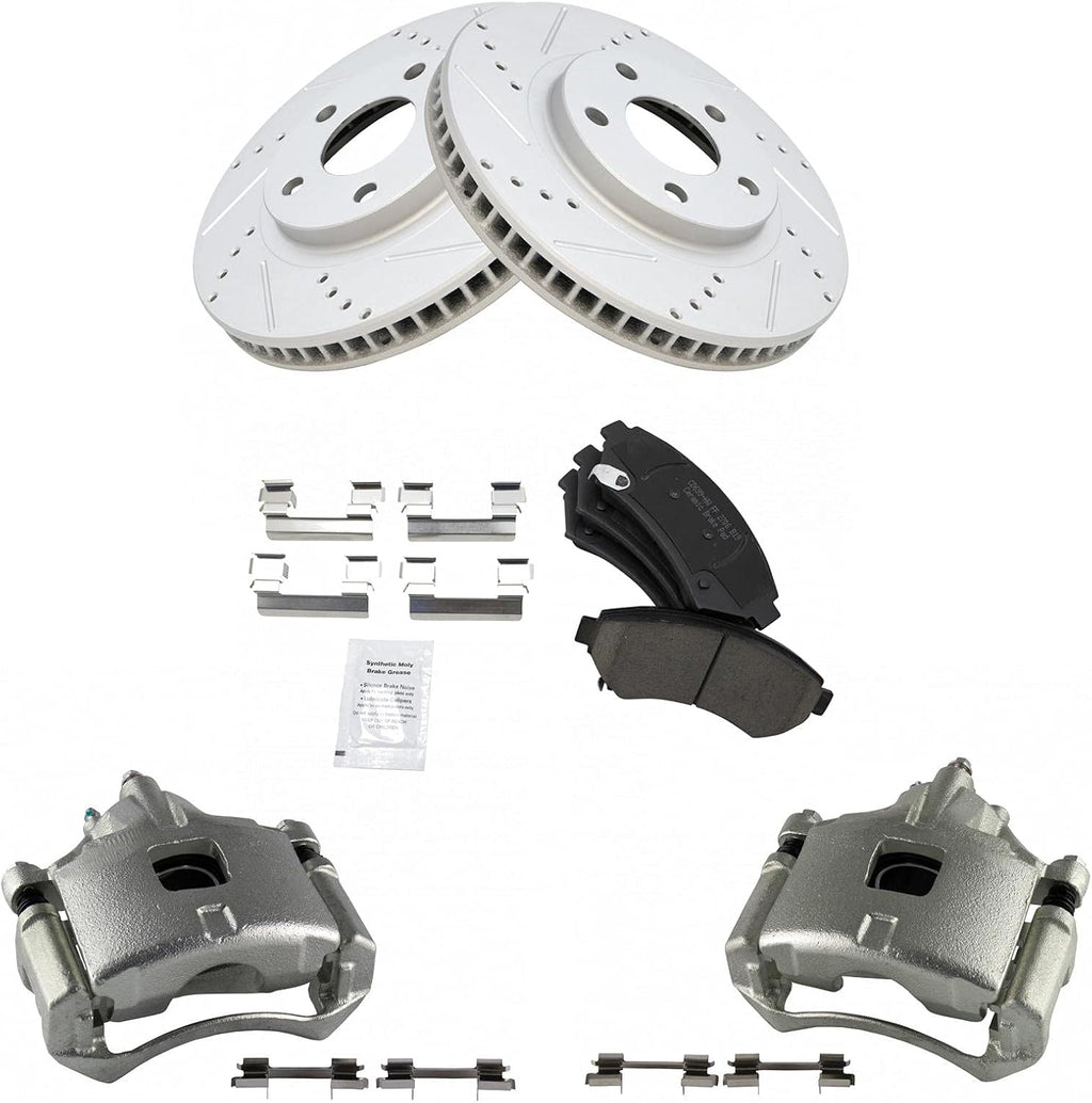 TRQ Performance Front Brake Pad and Rotor Set Ceramic Coated Drilled Rotors Calipers Compatible with 97-04 Buick Park Avenue 97-05 Cadillac DeVille Eldorado Seville 00-05 Chevrolet Impala Monte Carlo