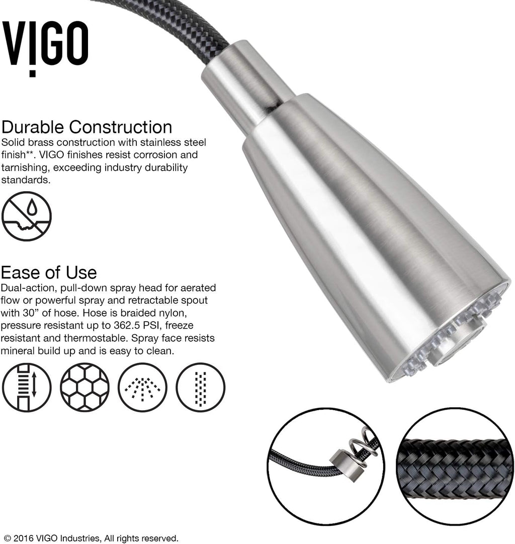 VIGO Brant 19'' H Single Handle Pull-Down Sprayer Kitchen Faucet Set with Soap Dispenser in Stainless Steel-VG02003STK2