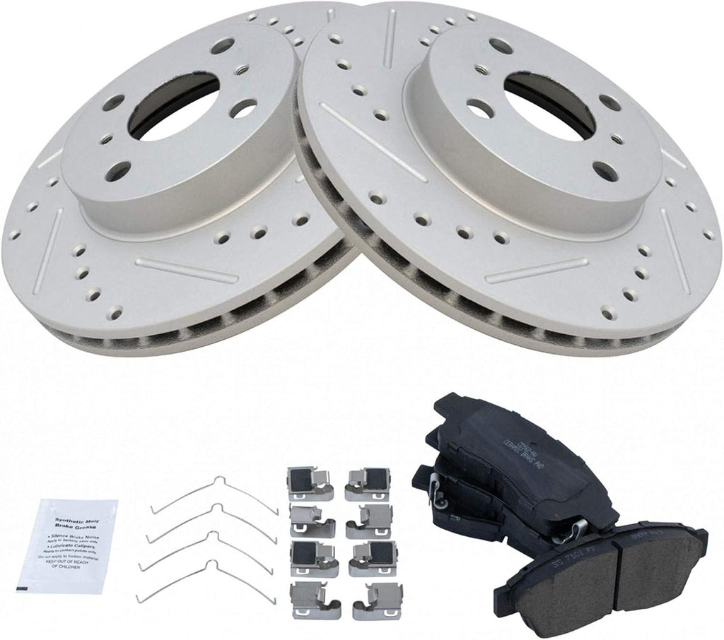 TRQ Performance Front Brake Pad and Rotor Set Ceramic Coated Drilled Slotted Vented Rotors Compatible with 1993-1997 Geo Prizm Toyota Corolla