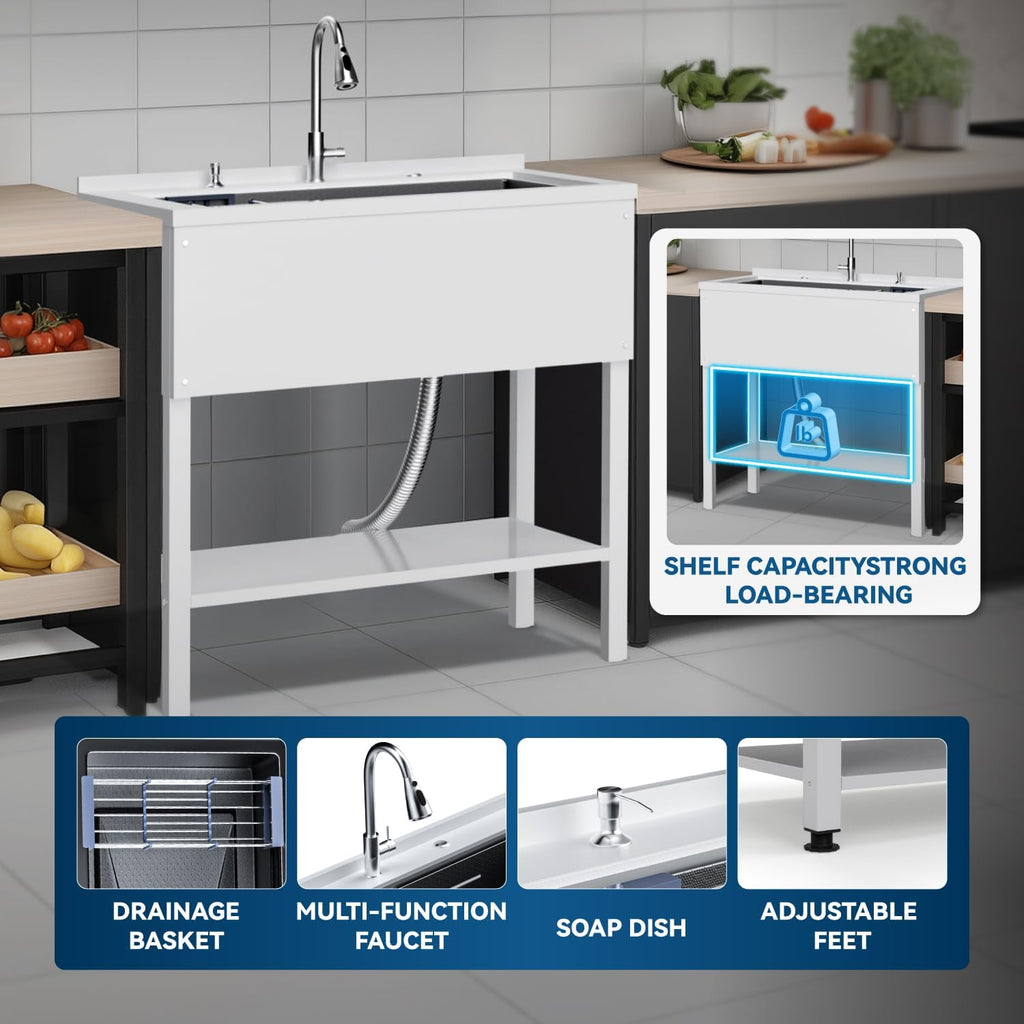 36' Freestanding Utility Sink, Heavy Duty Stainless Steel Laundry Room Sink for Garage, Outdoor Kitchen or Workshop, Modern Black Basin with Hot & Cold Water, Indoor/Outdoor Use (White)