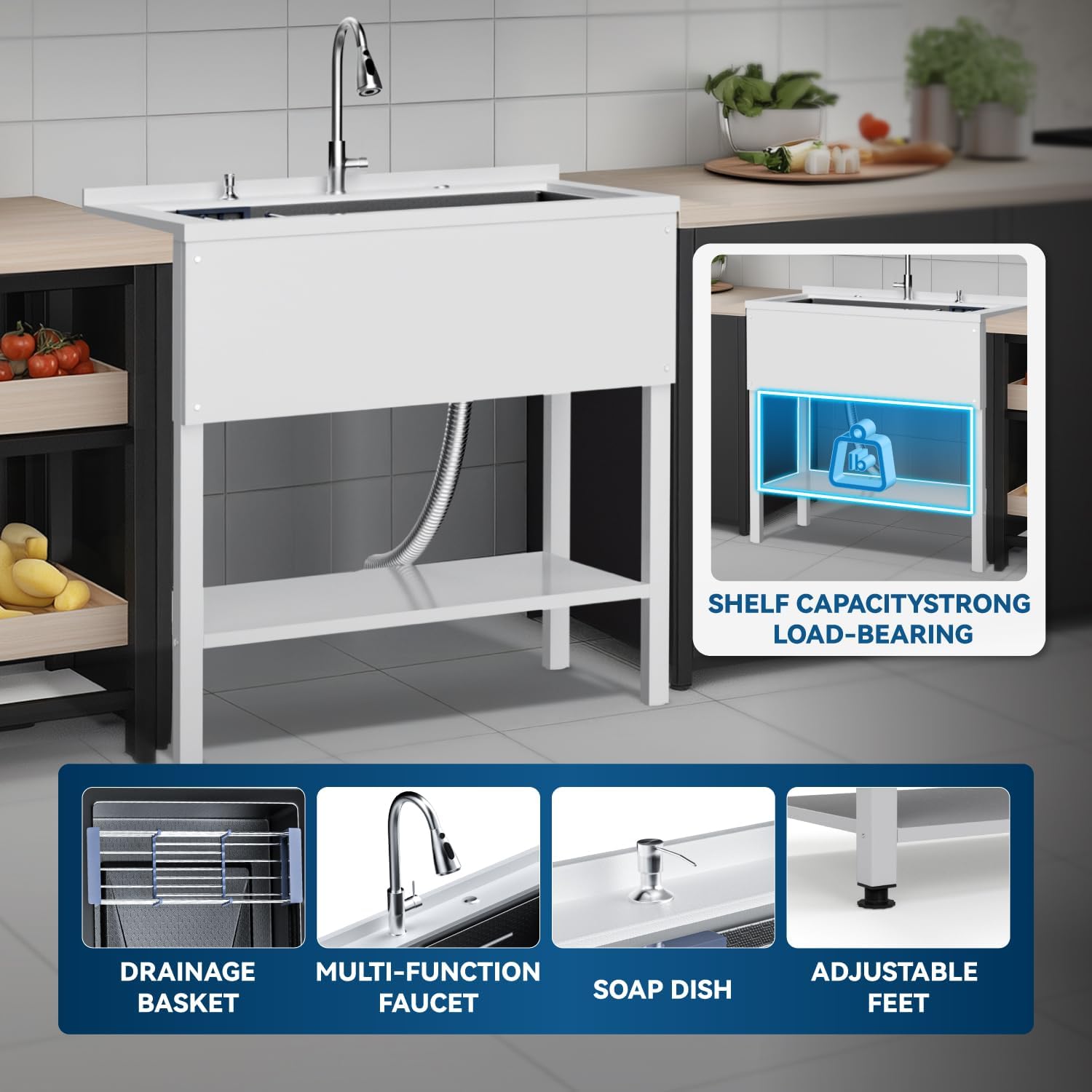 36' Freestanding Utility Sink, Heavy Duty Stainless Steel Laundry Room Sink for Garage, Outdoor Kitchen or Workshop, Modern Black Basin with Hot & Cold Water, Indoor/Outdoor Use (White)