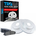 TRQ Performance Front Brake Pad and Rotor Set Ceramic Drilled Slotted G Coated Vented Rotors Compatible with 2005-2019 Chrysler 300 2009-2019 Challenger 2006-2019 Charger 2005-2008 Magnum