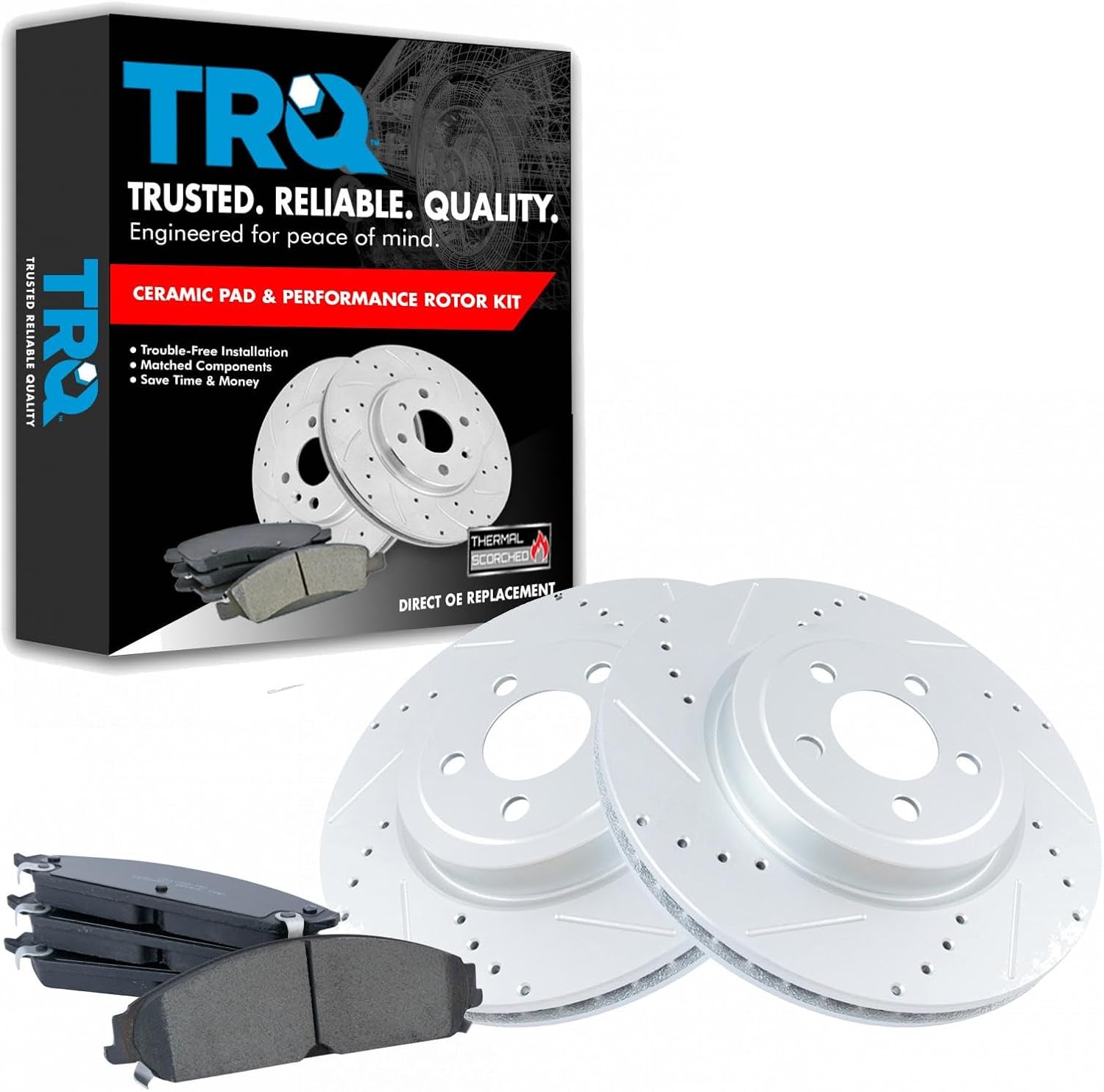 TRQ Performance Front Brake Pad and Rotor Set Ceramic Drilled Slotted G Coated Vented Rotors Compatible with 2005-2019 Chrysler 300 2009-2019 Challenger 2006-2019 Charger 2005-2008 Magnum