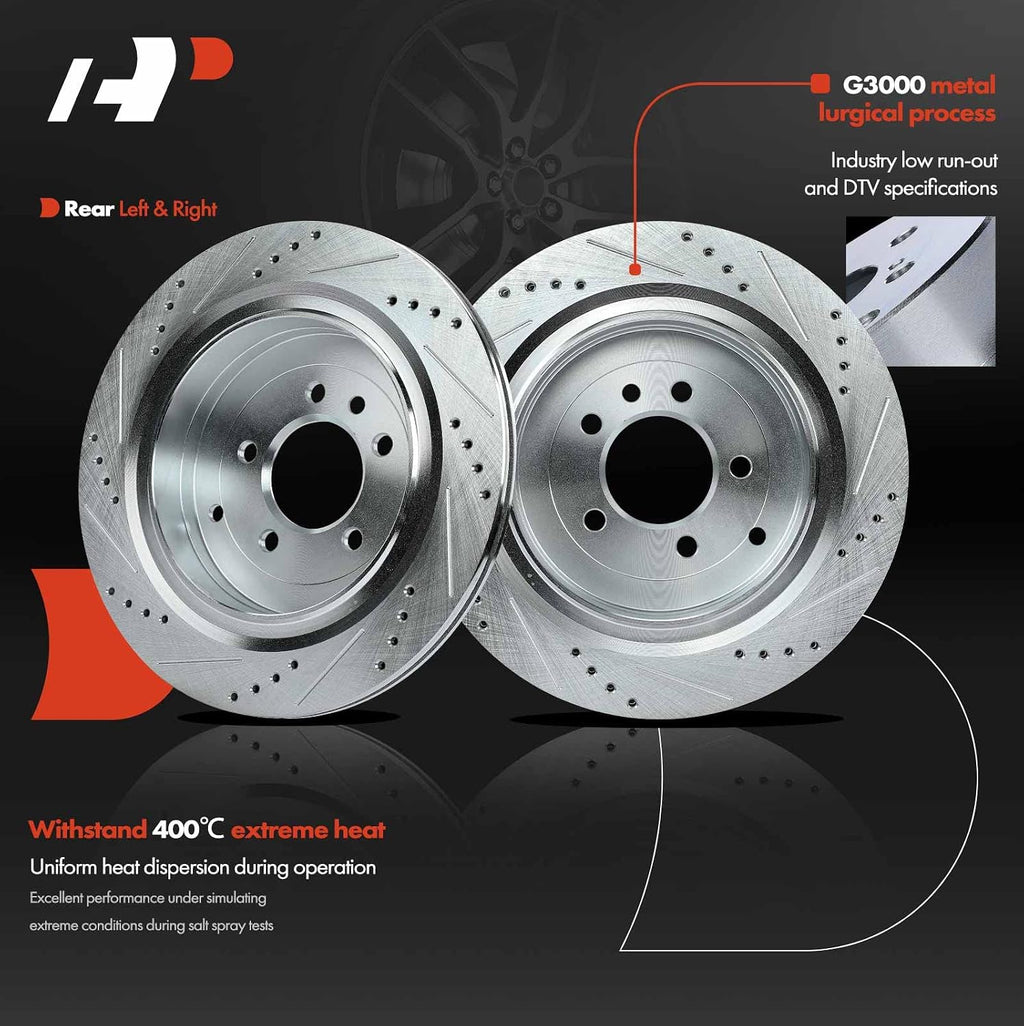 A-Premium 13.78 inch (350mm) Rear Drilled and Slotted Disc Brake Rotors + Ceramic Pads Kit Compatible with Select Land Rover Model - Range Rover Sport 2006-2013, LR4 2010-2016, LR3 2005-2009, 6-PC Set
