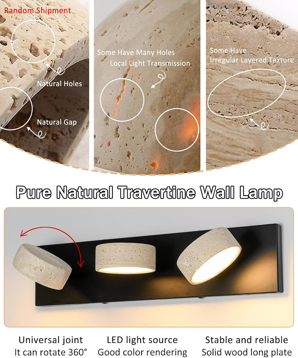 Travertine Vanity Light, 19.7 Inch Nordic Style Farmhouse Vanity Lights with 360° Rotatable Natural Stone Lampshade and Black Metal Base Wabi Sabi Vanity Lights Fixture for Bathroom (4 Lights)