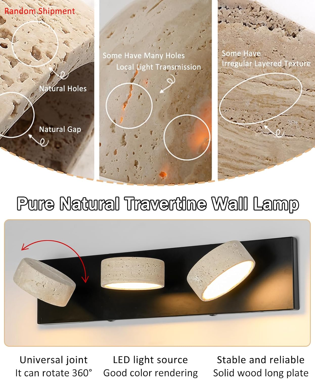 Travertine Vanity Light, 19.7 Inch Nordic Style Farmhouse Vanity Lights with 360° Rotatable Natural Stone Lampshade and Black Metal Base Wabi Sabi Vanity Lights Fixture for Bathroom (4 Lights)
