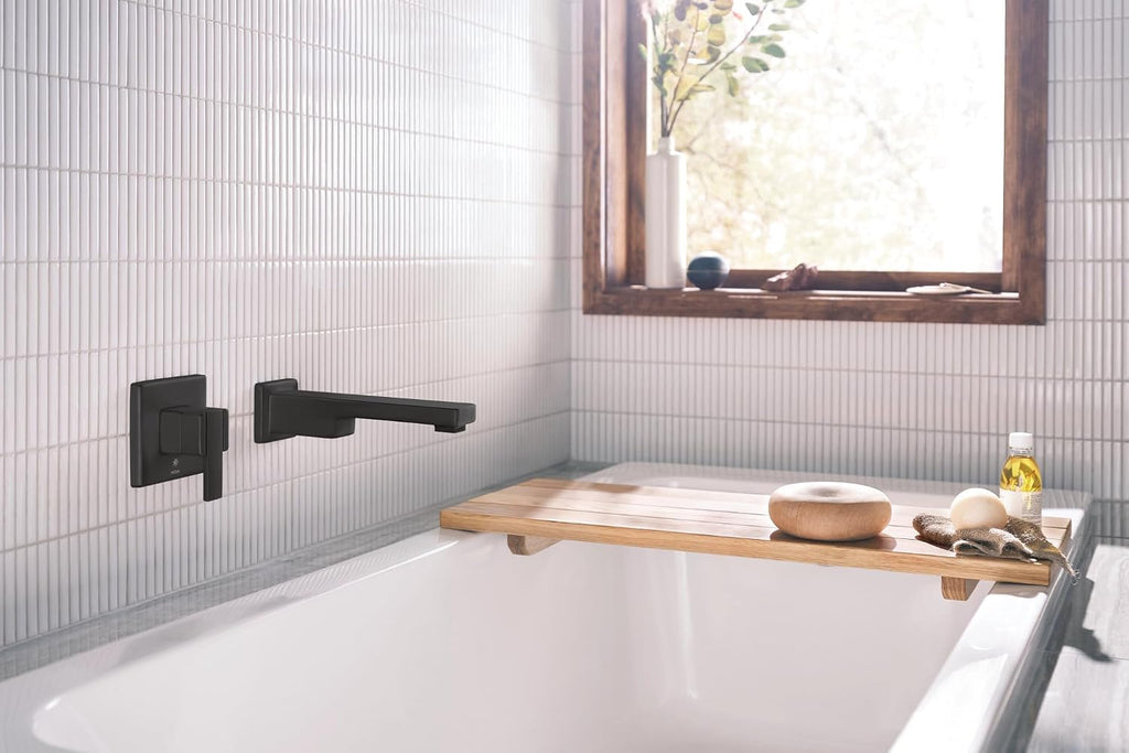 Moen 90 Degree Matte Black Single Handle Wall Mount Tub Filler High Flow Tub Faucet with 10' Spout Reach, WTS911BL