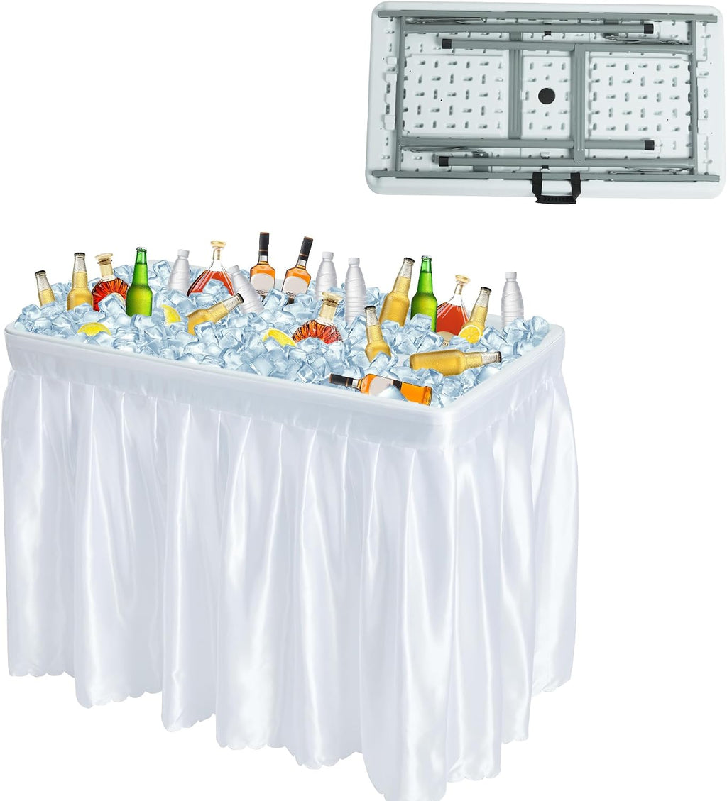 Outdoor Ice Cooler Folding Table, Portable Cooler Table with Removable Matching Skirt, Chill Table for Party BBQ Camping Wedding White