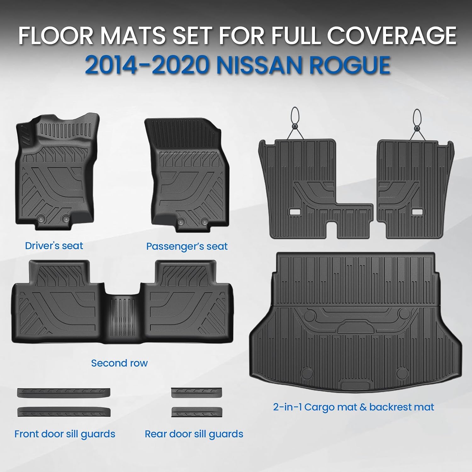Floor Mats Set for Nissan Rogue 2014-2020 (Not for Sport/Select/Hybrid/7-Seat), All Weather TPE Backrest Mat Trunk Mat Cargo Liner Door Sill Guards Accessories(for Nissan Rogue | 2014-2020)