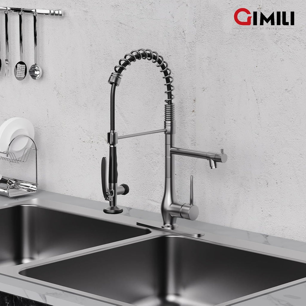 GIMILI Black Stainless Kitchen Faucet with Pull Down Sprayer, Single Handle High Pressure Kitchen Sink Faucet, Commercial Double-Headed Stainless Steel Kitchen Faucet
