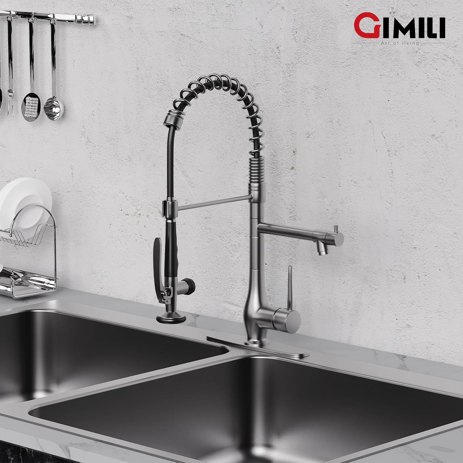 GIMILI Black Stainless Kitchen Faucet with Pull Down Sprayer, Single Handle High Pressure Kitchen Sink Faucet, Commercial Double-Headed Stainless Steel Kitchen Faucet