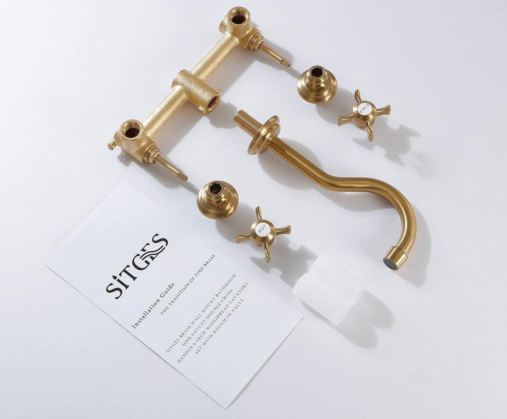 SITGES Antique Wall Faucet,Two Handle Bathroom Sink Wall Mount Faucet with Rough in Valve Included,Gold Brushed