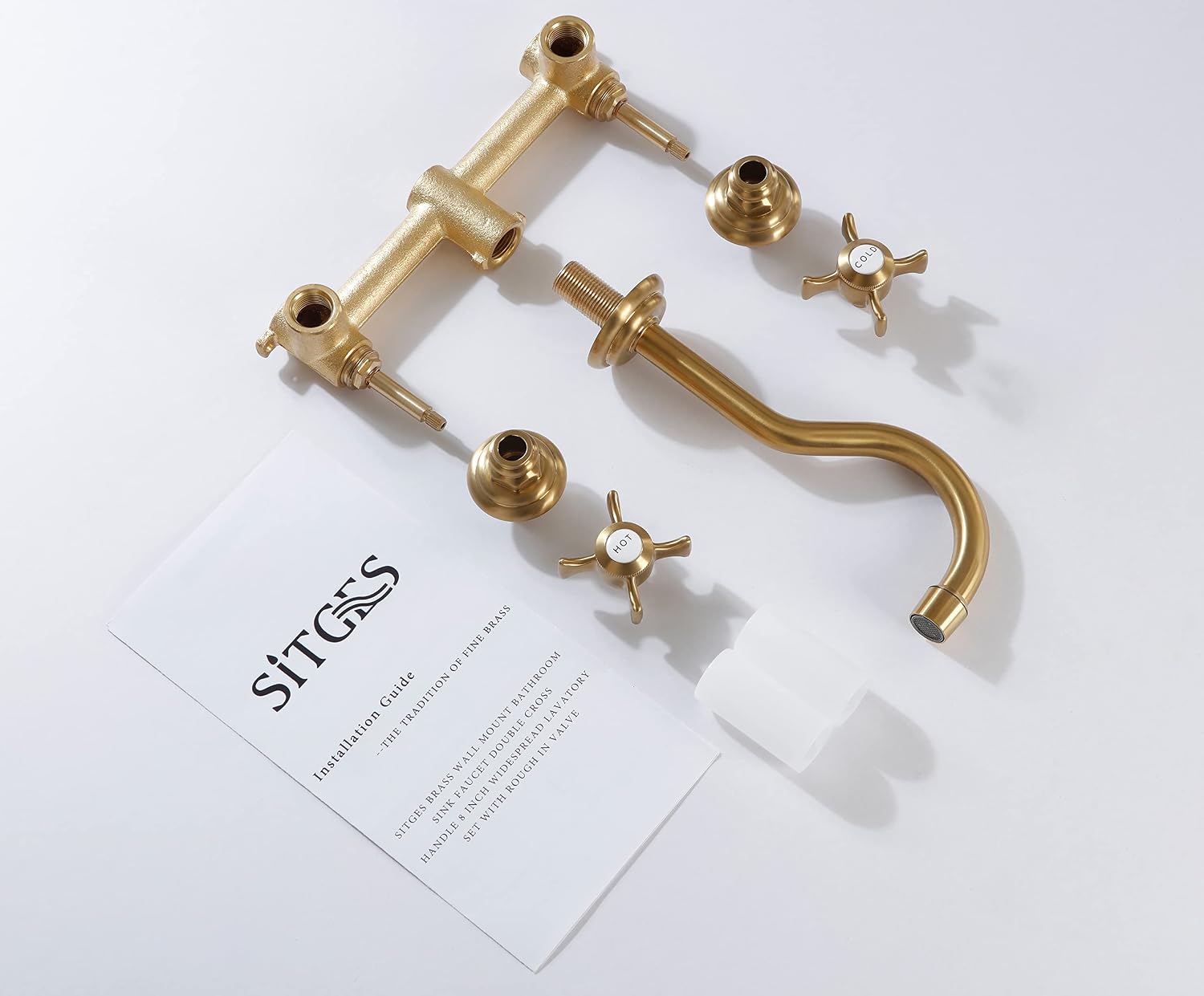 SITGES Antique Wall Faucet,Two Handle Bathroom Sink Wall Mount Faucet with Rough in Valve Included,Gold Brushed
