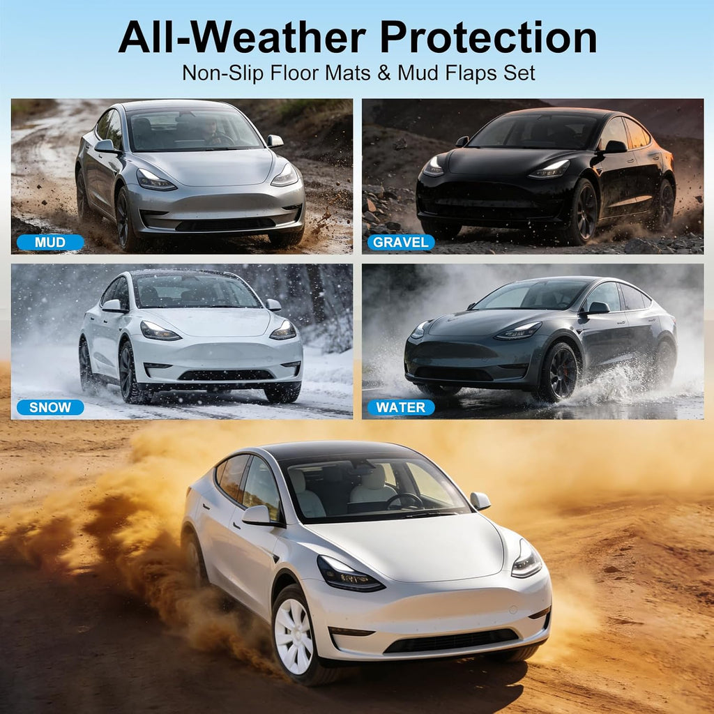 Weize Floor Mats for Tesla Model Y Juniper 2025-2026 All Weather 9Pcs Cargo Liners & 4Pcs Mud Flaps No-Drill Splash Guards Interior Accessories(Not for Standard)