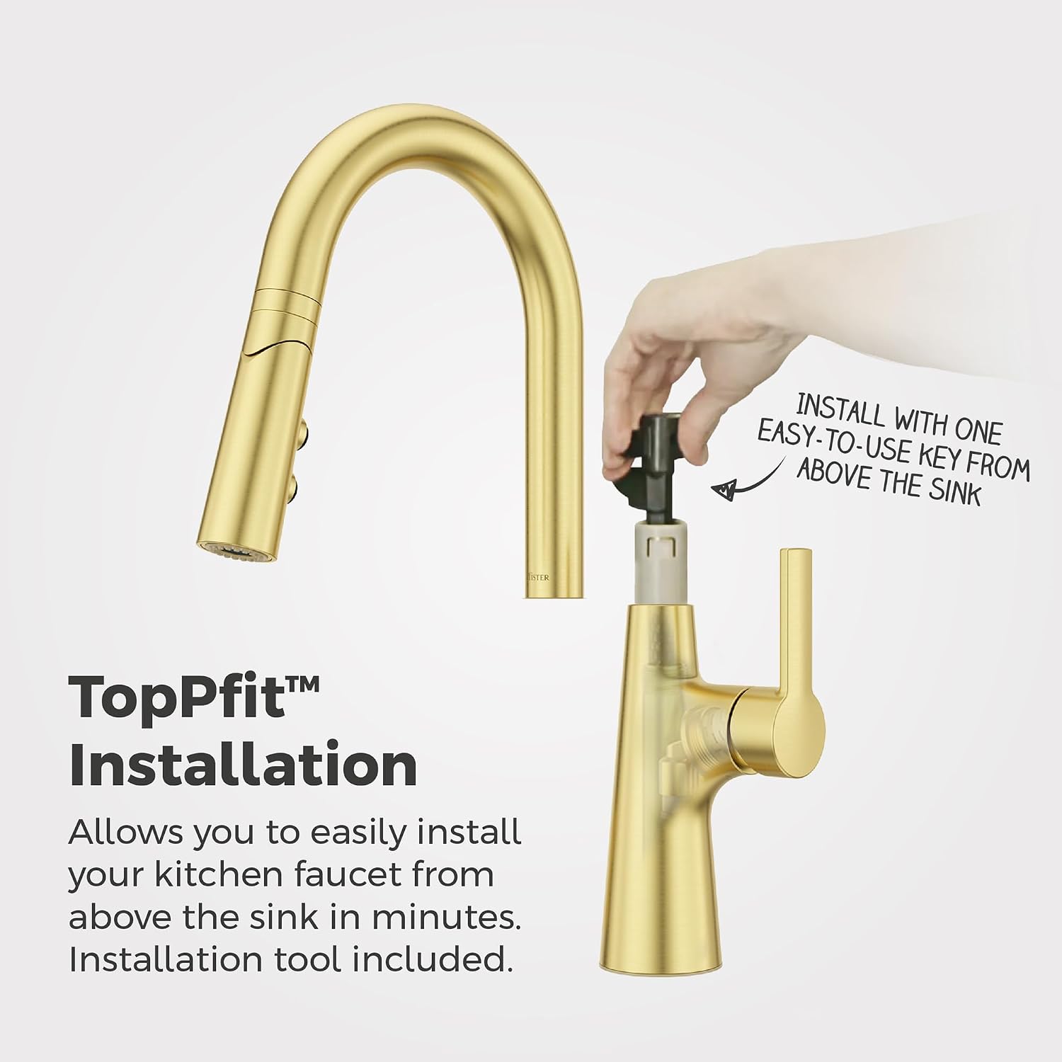 Pfister Tasso Kitchen Faucet with Pull Down Sprayer and Soap Dispenser, Single Handle, High Arc, NSF Certified, Brushed Gold Finish, F5297TSOBG