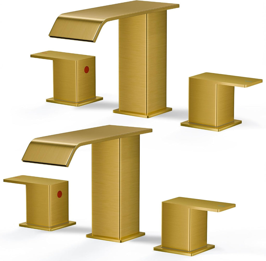 FORIOUS Brushed Gold Bathroom Sink Faucets 3 Hole Widespread, 2 Handles Bathroom Faucet with Pop-up Drain and Flexible Hot and Cold Water Hoses, Suitable for Vanity RV Restroom, 2 Pack