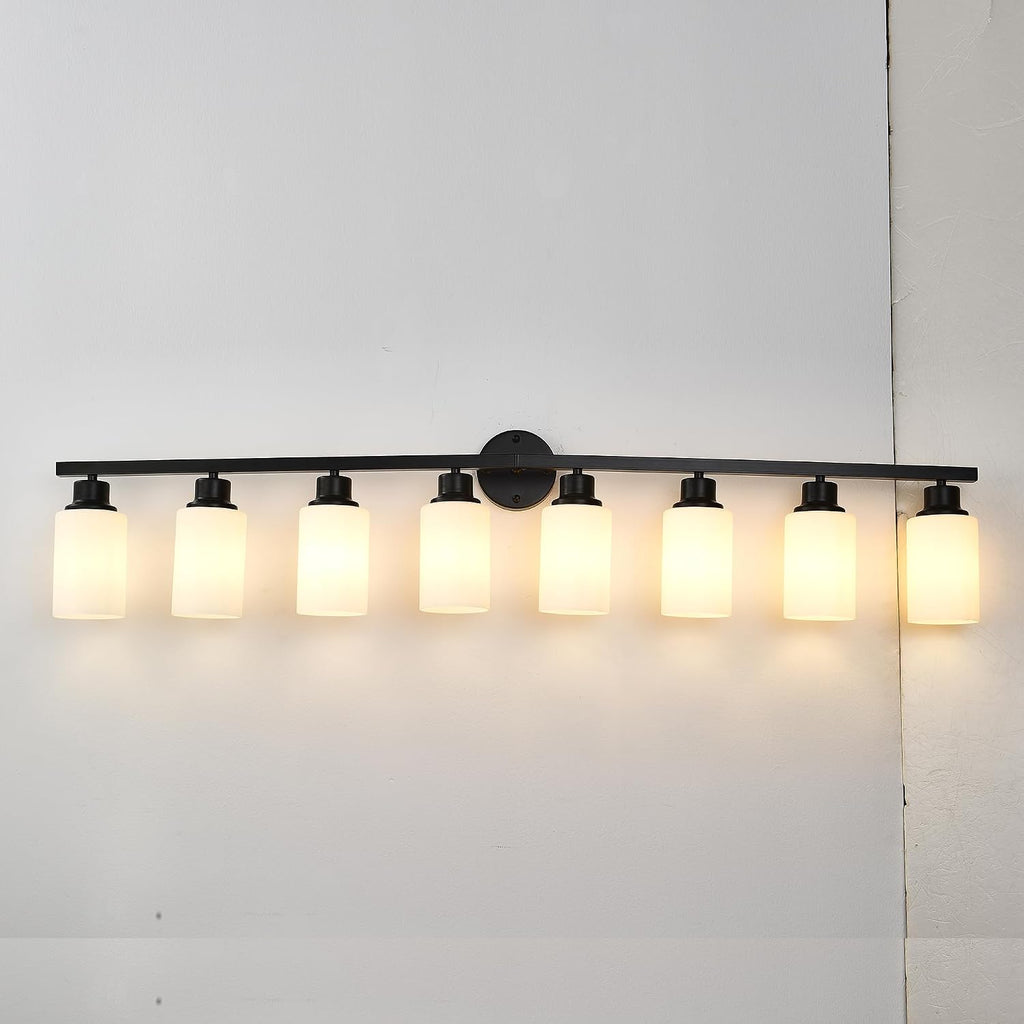 8-Light Matte Black Bathroom Vanity Light Modern Black Bathroom Light Fixtures Over Mirror Vintage Vanity Wall Sconce Light With White Glass Shade Wall Lamps For Living Room Bedroom Bulbs Not Included