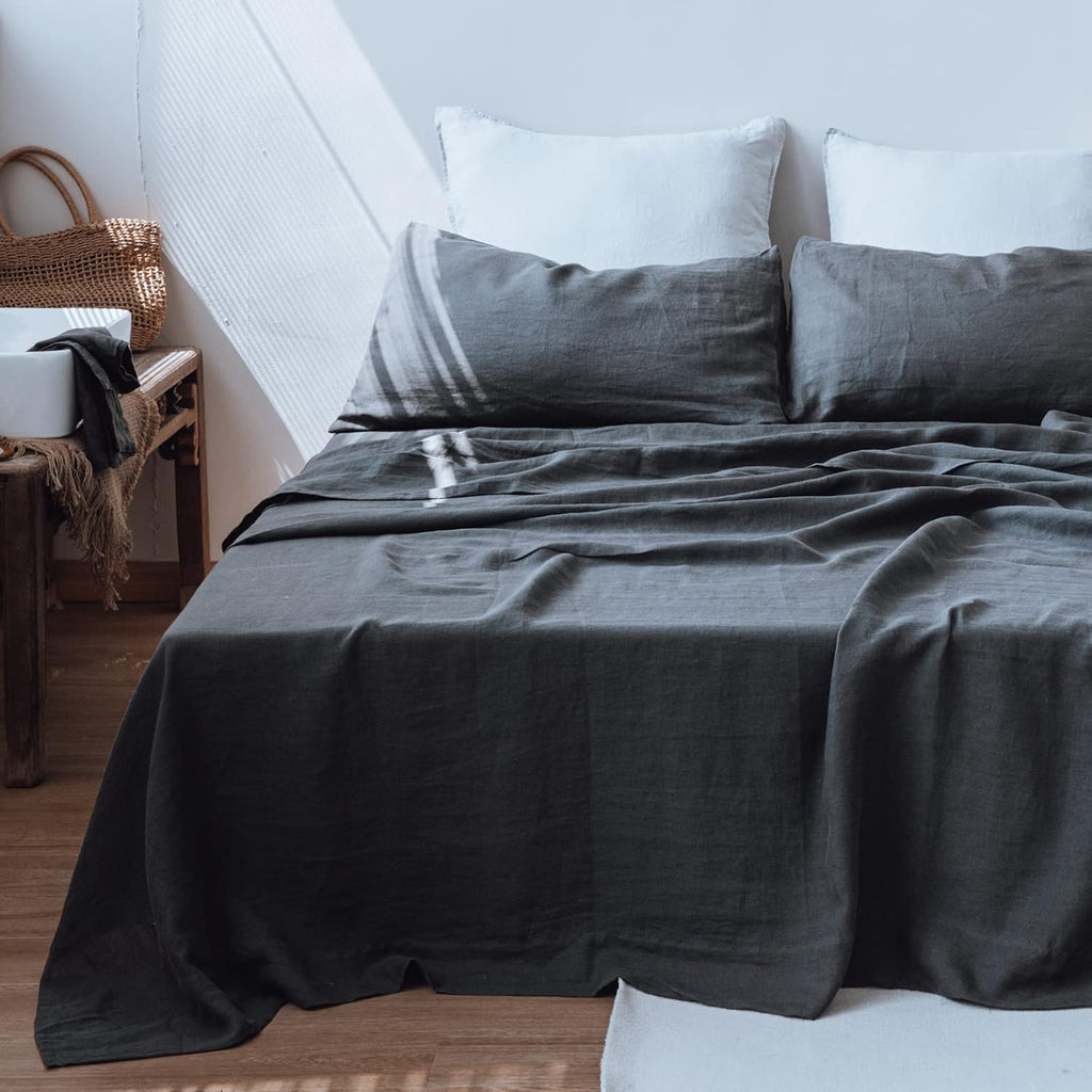 Simple&Opulence 100% Linen Sheet Set 3pcs Basic Style, Deep Pocket, Natural French Washed Flax Solid Color Soft Breathable Bed Sheets - Dark Grey, Twin