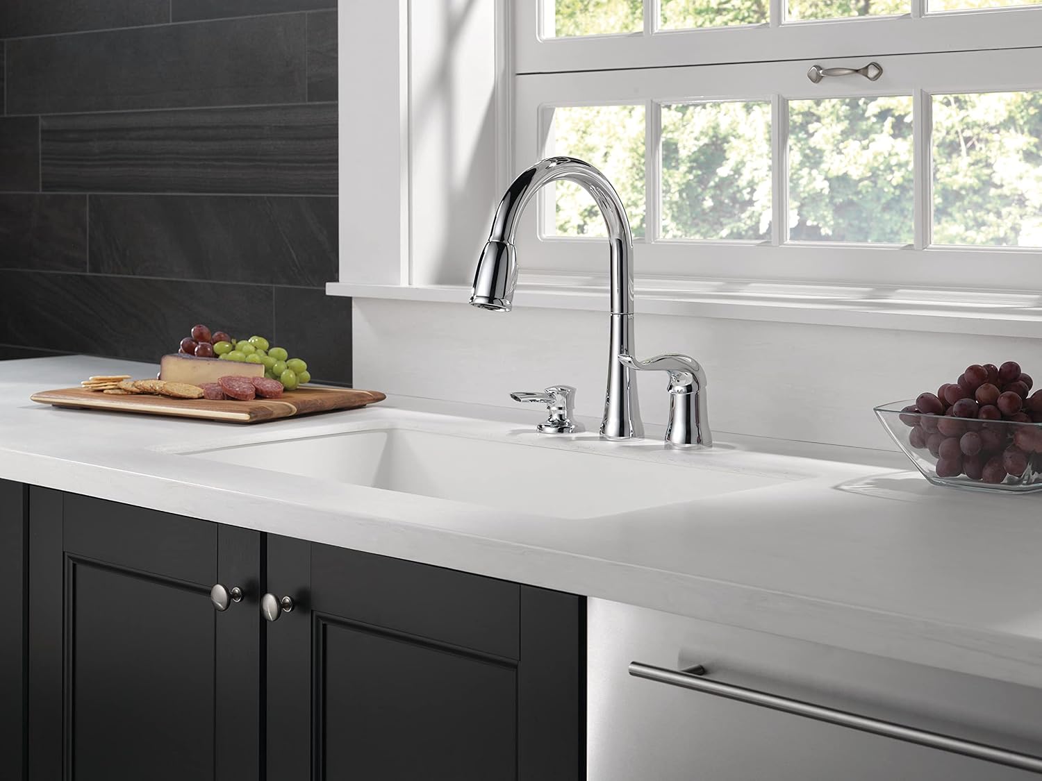 Delta Kate Chrome Kitchen Faucet with Pull Down Sprayer and Soap Disperser, Modern Two Hole Kitchen Sink Faucet, Single Handle, Chrome 16970-SD-DST