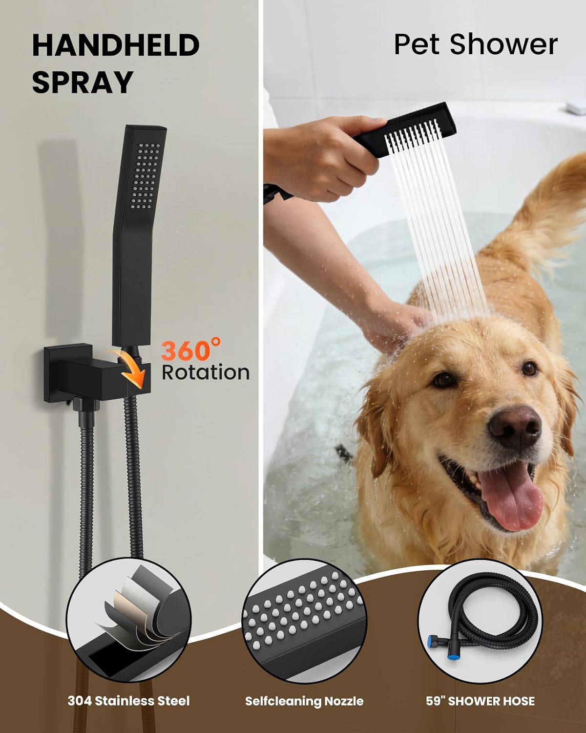 gotonovo Shower System with Tub Spout,Waterfall Tub Shower Faucet Set for Bathroom Head and Handle Set Wall Mounted 3 Function Rough-in Valve and Trim Included 10 inch Shower Head Matte Black