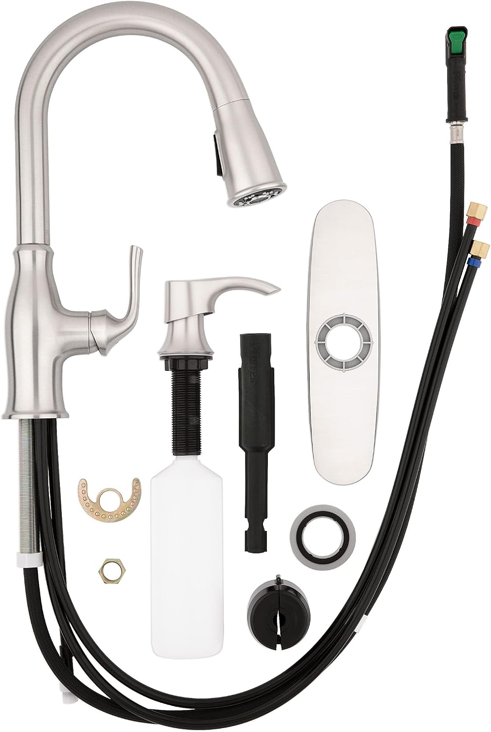 Pfister Rosslyn Kitchen Faucet with Pull Down Sprayer and Soap Dispenser, Single Handle, High Arc, NSF Certified, Spot Defense Stainless Steel Finish, F5297RSSRGS