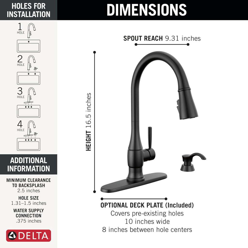 Delta Hazelwood Matte Black Kitchen Faucet with Pull Down Sprayer and Soap Dispenser, Modern Single Hole Kitchen Sink Faucet, Single Handle, Matte Black 19831Z-BLSD-DST