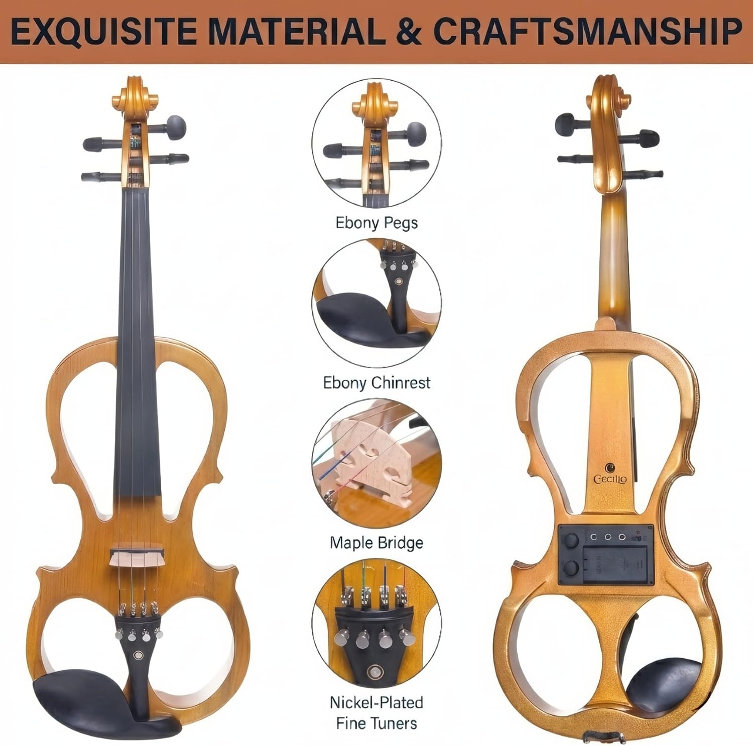 Cecilio 4/4 Full Size Electric Silent Violin, Hand-Carved Solid Maple Wood, Complete Set with Case & Ebony Fittings, Ideal for Practice, Stage & Studio Use, Yellow Maple Metallic