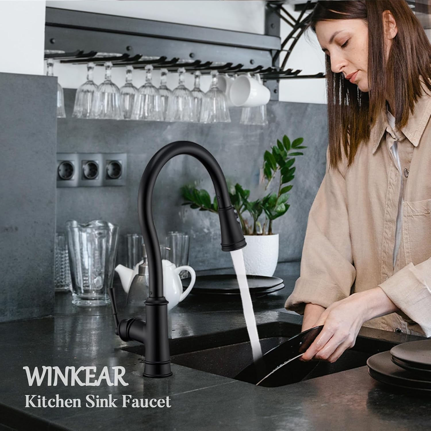 Black Kitchen Faucets with Pull Down Sprayer, Vintage Brass Kitchen Sink Faucet High Arc Single Handle with Deck Plate 1 or 3 Hole for Farmhouse Camper Laundry Rv Bar