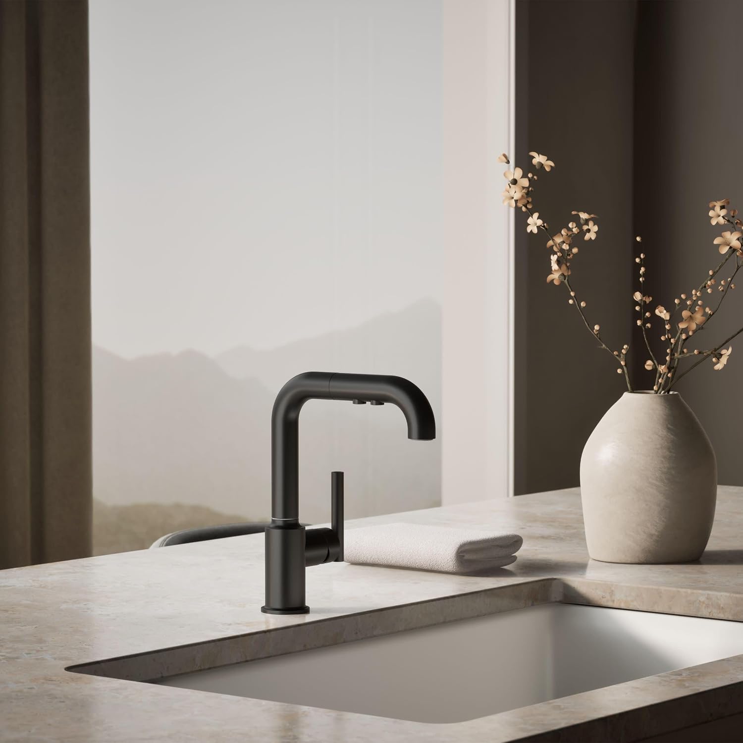 KOHLER Purist Pull-out kitchen sink faucet with three-function sprayhead