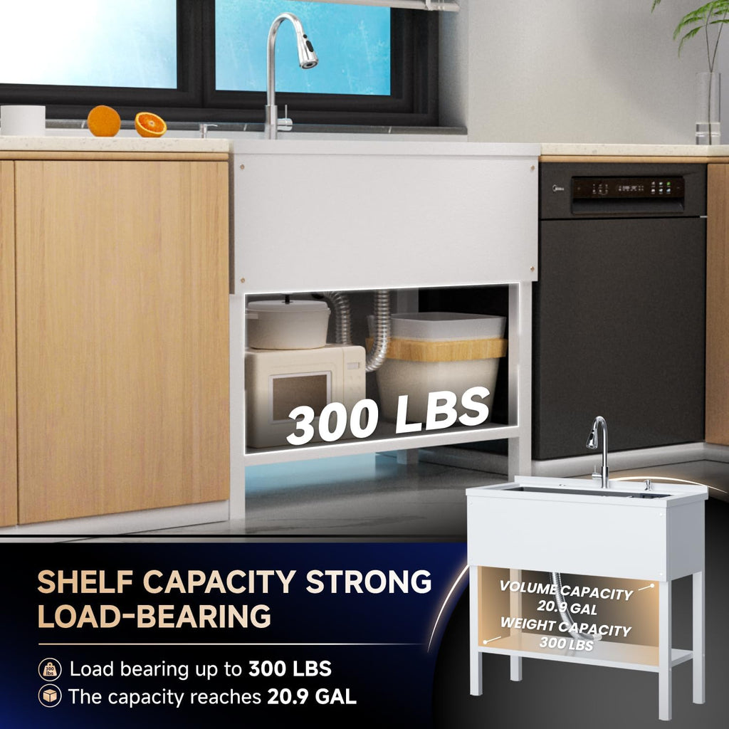 Stainless Steel Utility Sink,36' Laundry Freestanding Sink with Cold and Hot Water Faucet,Commercial Single Bowl Laundry Room Utility Sink for Kitchens, Garage, Bathrooms
