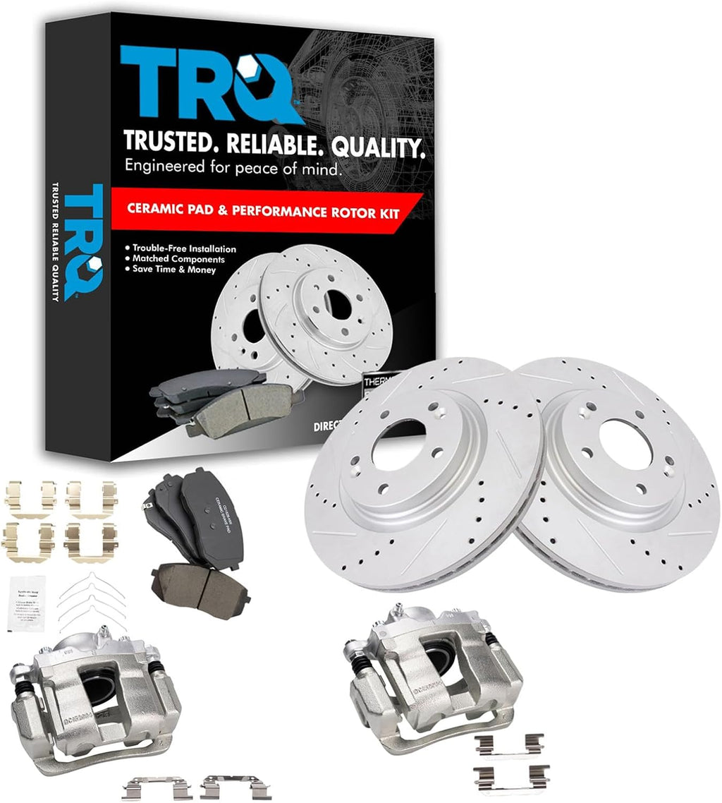 TRQ Performance Front Brake Pad and Rotor Set Ceramic Vented Coated Rotors Calipers Compatible with 2016 Kia Optima