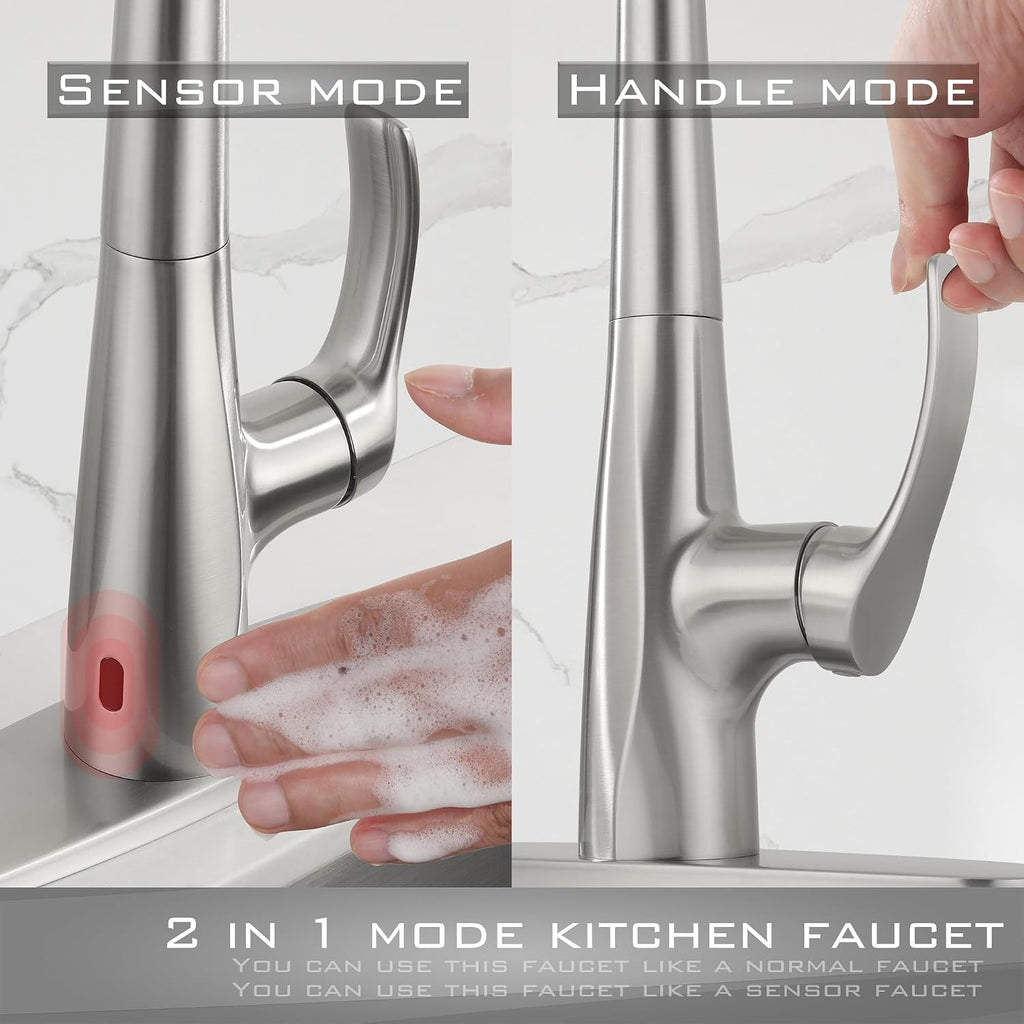Touchless Pull Down Kitchen Sink Faucet, Brushed Nickel Activated Smart Motion Sensor Kitchen Faucet Single Handle, Stainless Steel Hands Free Faucet with Sprayer for Kitchen Sink