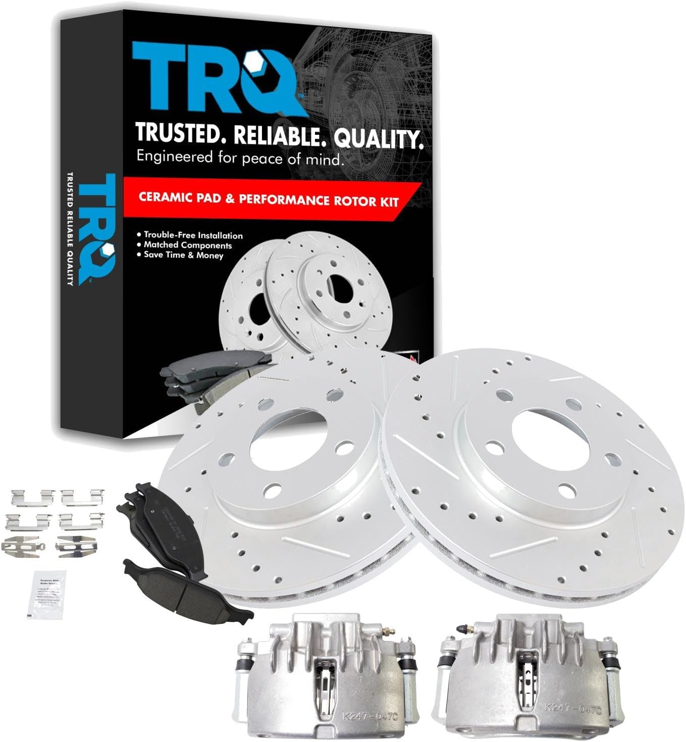 TRQ Performance Front Brake Pad and Rotor Set Ceramic Vented Coated Rotors Calipers Compatible with 2003-2004 Ford Mustang