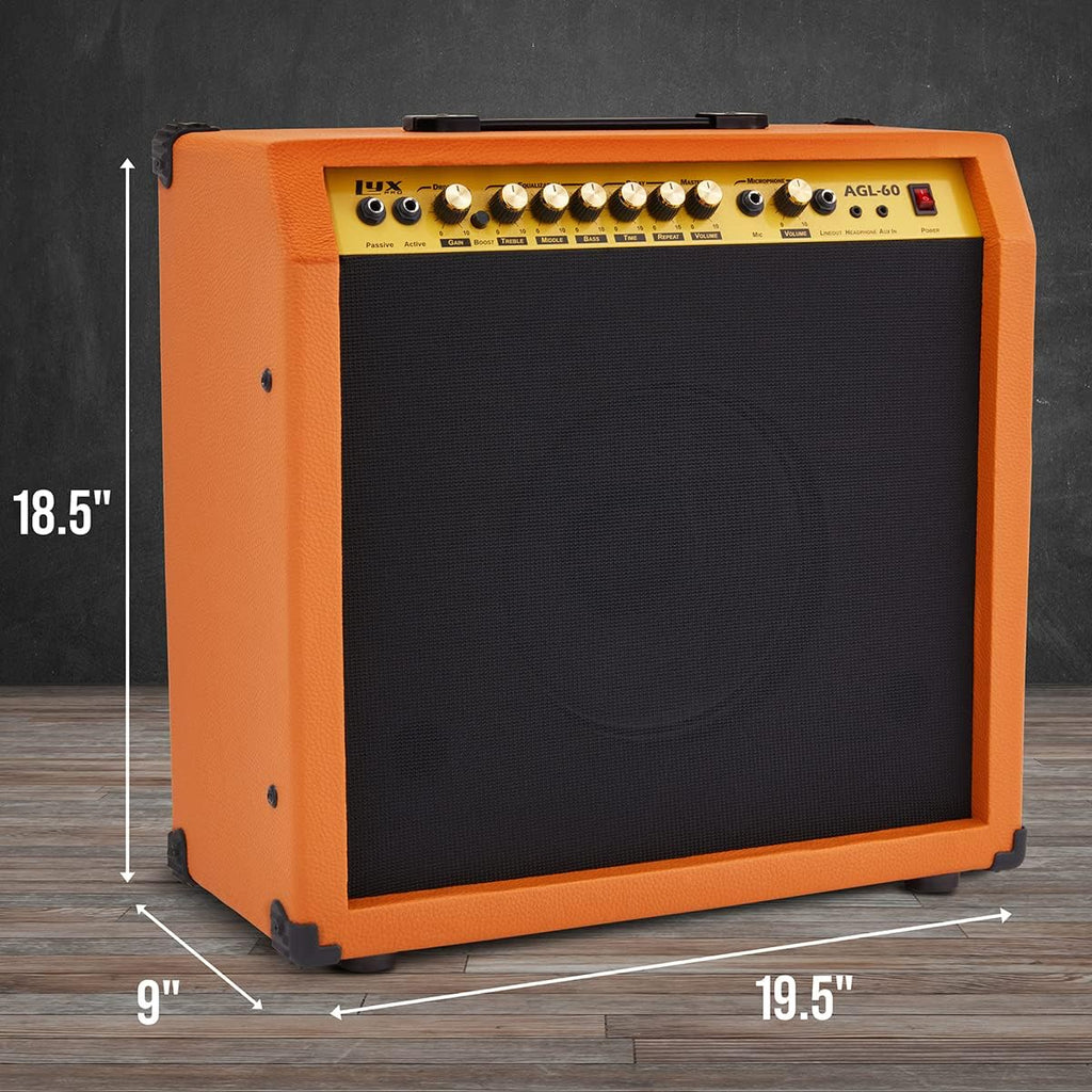 LyxPro 60 Watt Electric Guitar Amplifier, Combo Solid State Studio & Stage Amp with 10' 4-Ohm Speaker, Custom EQ Controls, Drive, Delay, ¼' Passive/Active/Mic Inputs, Aux In & Headphone Jack-Mahogany