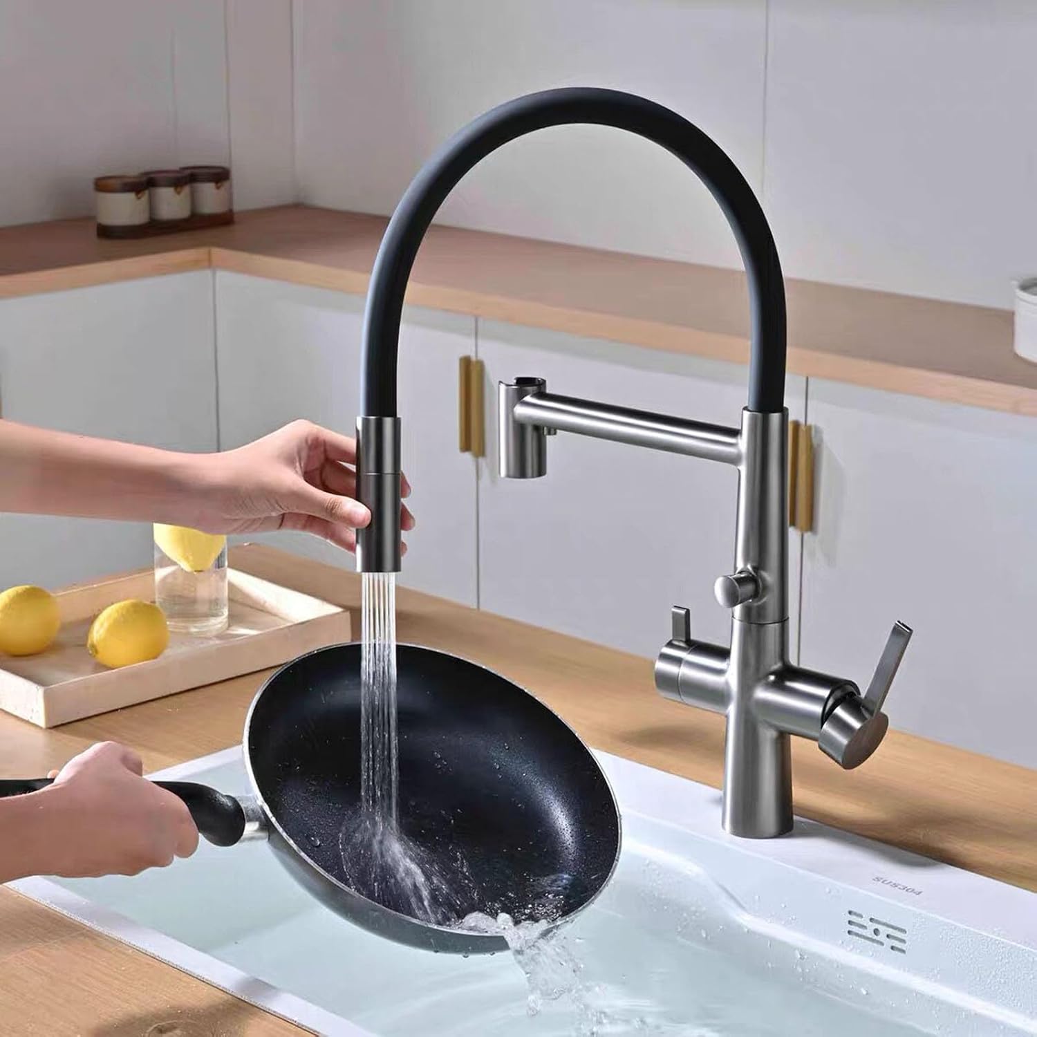 Flexible Kitchen Faucet with Drinking Water Spout 360° Rotation 4 Modes Faucet for Kitchen Sink Copper,Brushed Gold
