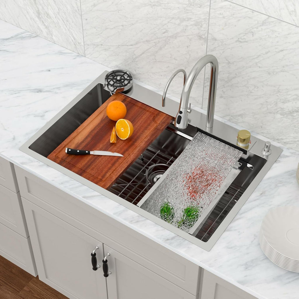 Logmey Waterfall Sink 33x19 Drop in Kitchen Sink with Pull-out Faucet,Multifunctional All in One Workstation Sinks,16 Gauge Stainless Steel,Double Step,5 Hole,Ideal for Luxury & Minimalist Style