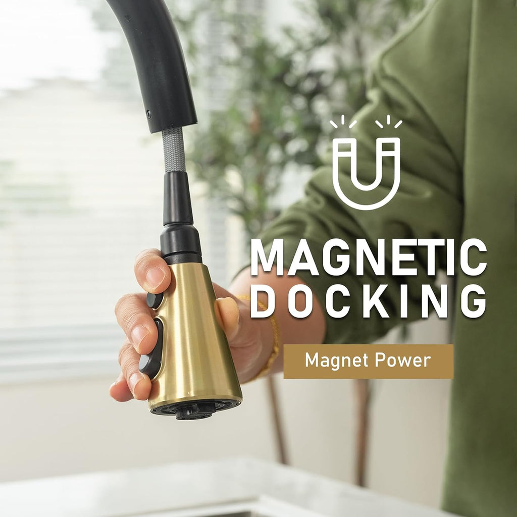 Kitchen Faucet with Pull Down Sprayer, Lava Odoro Matte Black and Brushed Gold Kitchen Sink Faucet, Black and Brass Faucet for Kitchen Sink with Magnetic Docking Spray Head and Deck Plate, KF321-GB