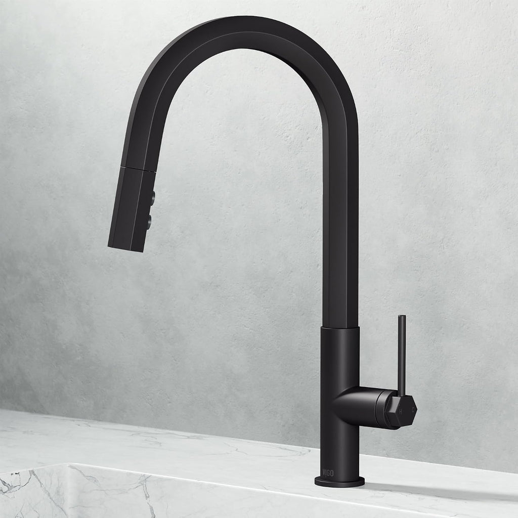 VIGO Hart Hexad 18'' H Single Handle Pull-Down Spout Kitchen Faucet in Matte Black-VG02034MB