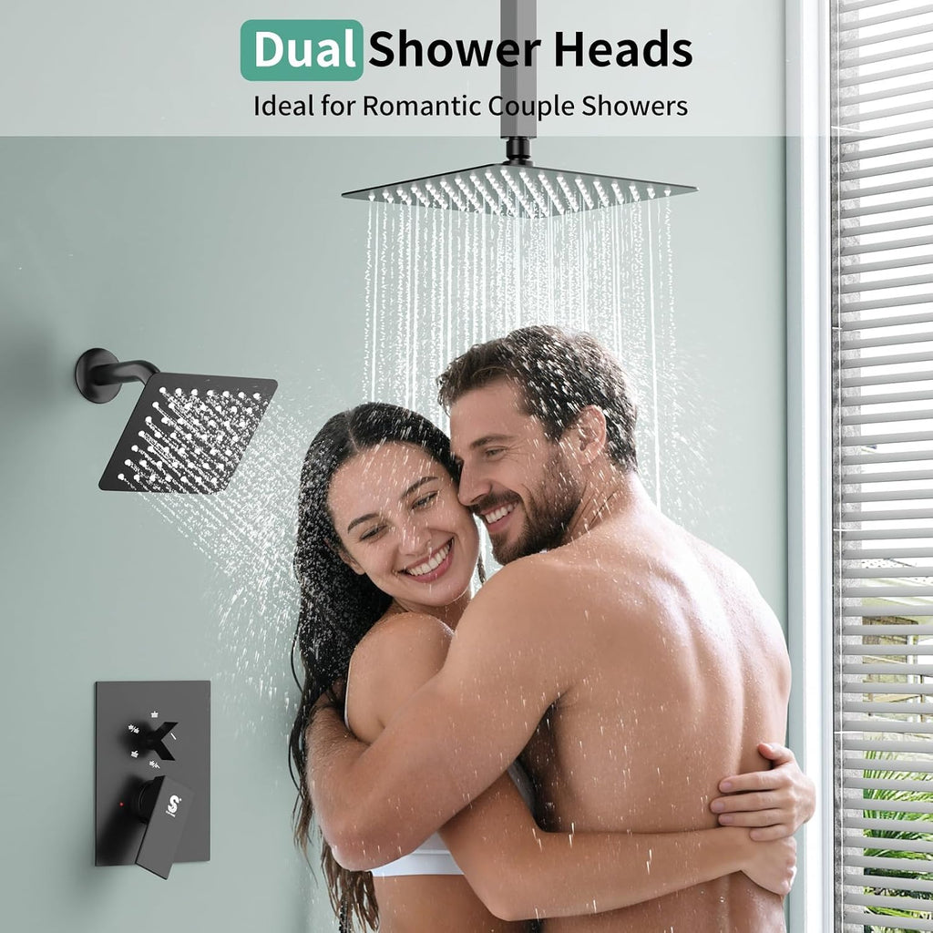 Shower Faucet Set Shower System - SR SUN RISE Matte Black Shower Trim Kit with Dual Shower Head, 10'' Ceiling Rainfall 6'' Wall Mount with Handheld Shower for Couples, Complete 6 Diverter Valve