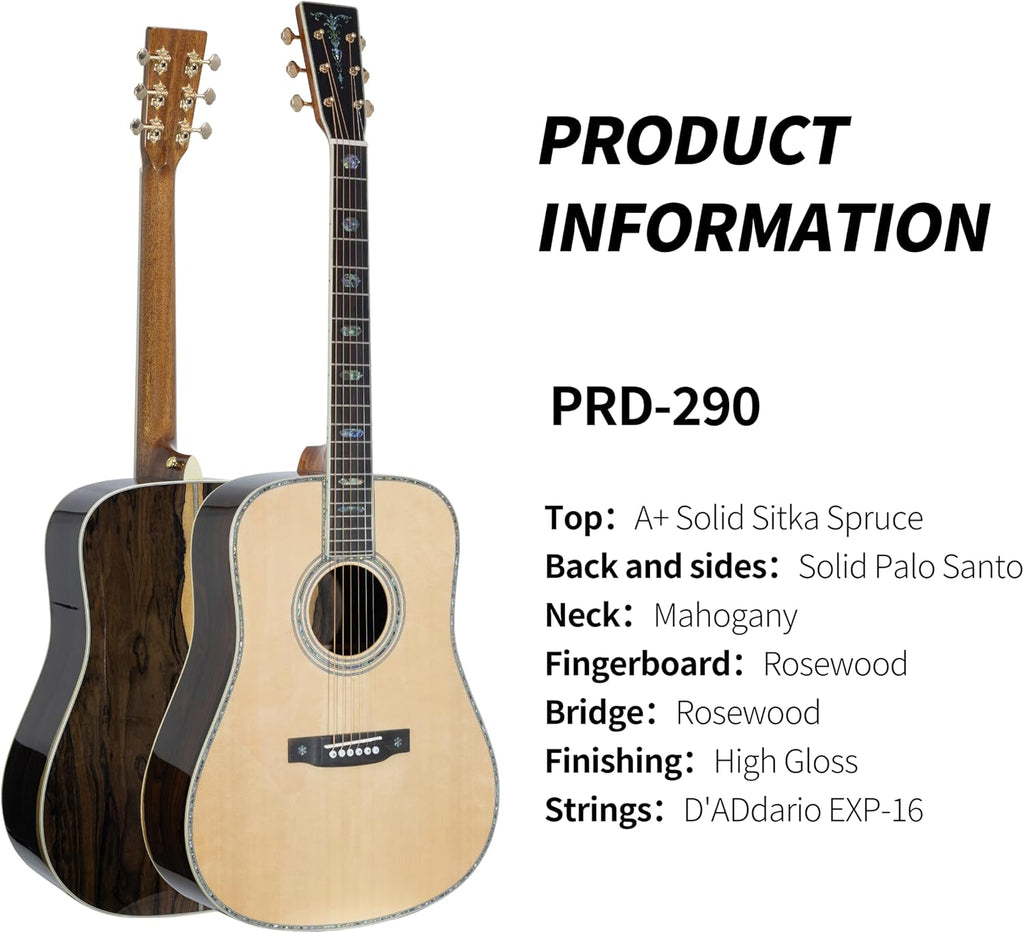TARIO 41'' Acoustic All Solid Guitar solid A+Sitka Spruce Top Solid Palo Santo Back and Sides Mahogany Neck Including a Wooden Case High Gloss