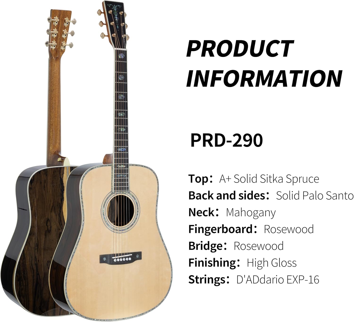 TARIO 41'' Acoustic All Solid Guitar solid A+Sitka Spruce Top Solid Palo Santo Back and Sides Mahogany Neck Including a Wooden Case High Gloss